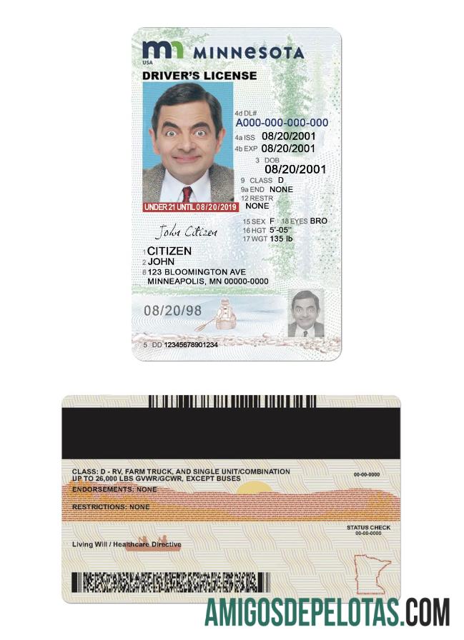 Carteira de habilitação dos EUA em Minnesota para menores de 21 anos exemplo real